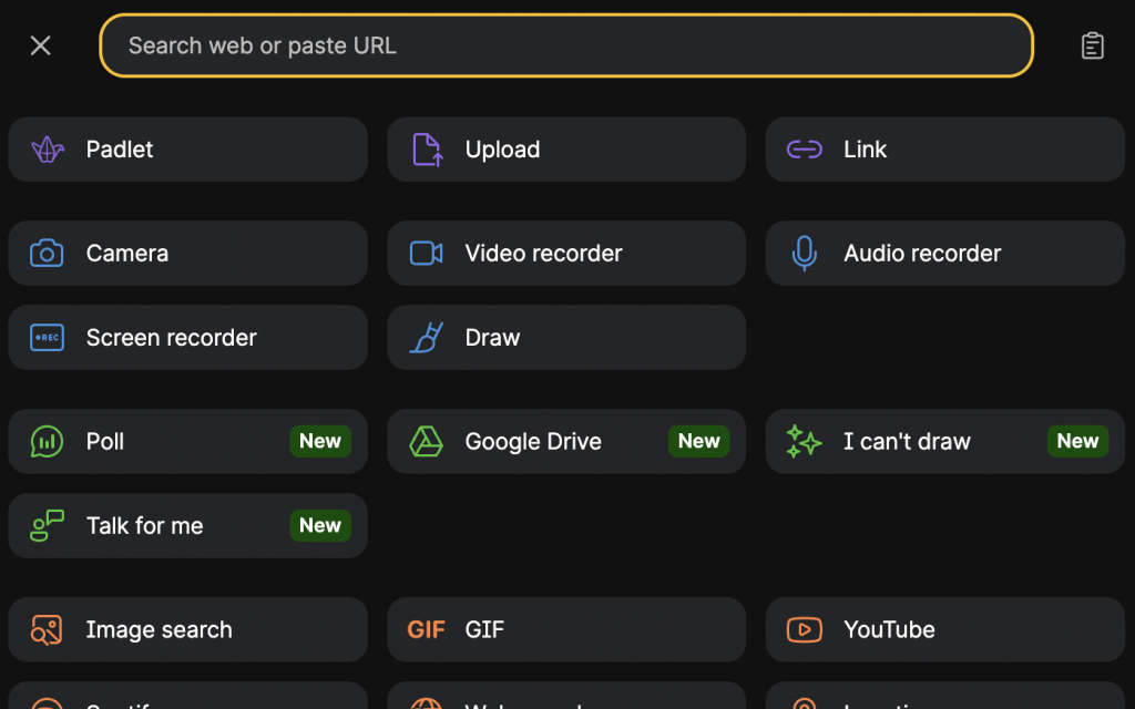 screenshot of Padlet's rich-media file picker. There is a table of buttons that lists media options such as Padlet, upload, link, camera, video recorder, audio recorder, screen recorder, draw, poll, Google Drive , I can't draw, Image search, Gif, and YouTube.